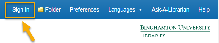 screenshot of the Ebsco Database toolbar with a box and arrow pointing to the "sign in" button.