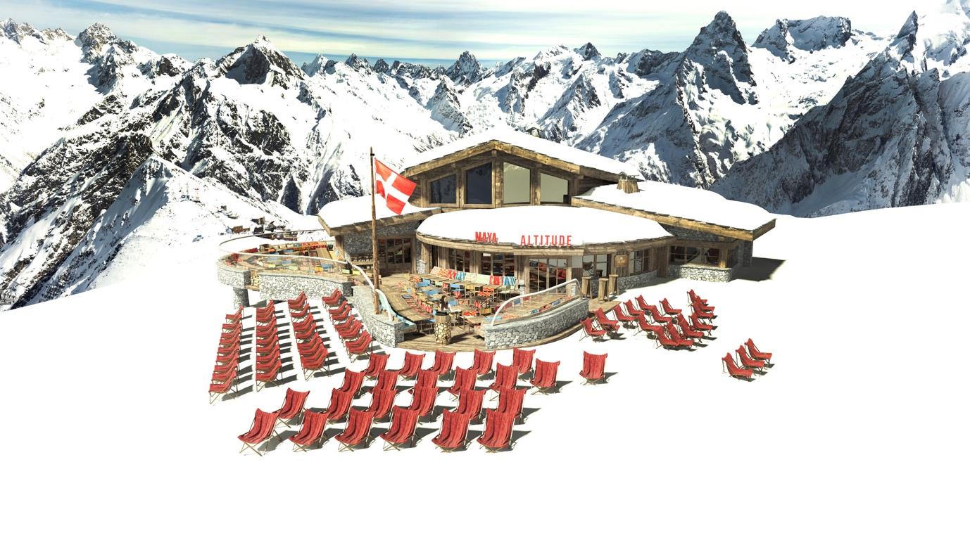 A building with chairs in front of mountains

Description automatically generated