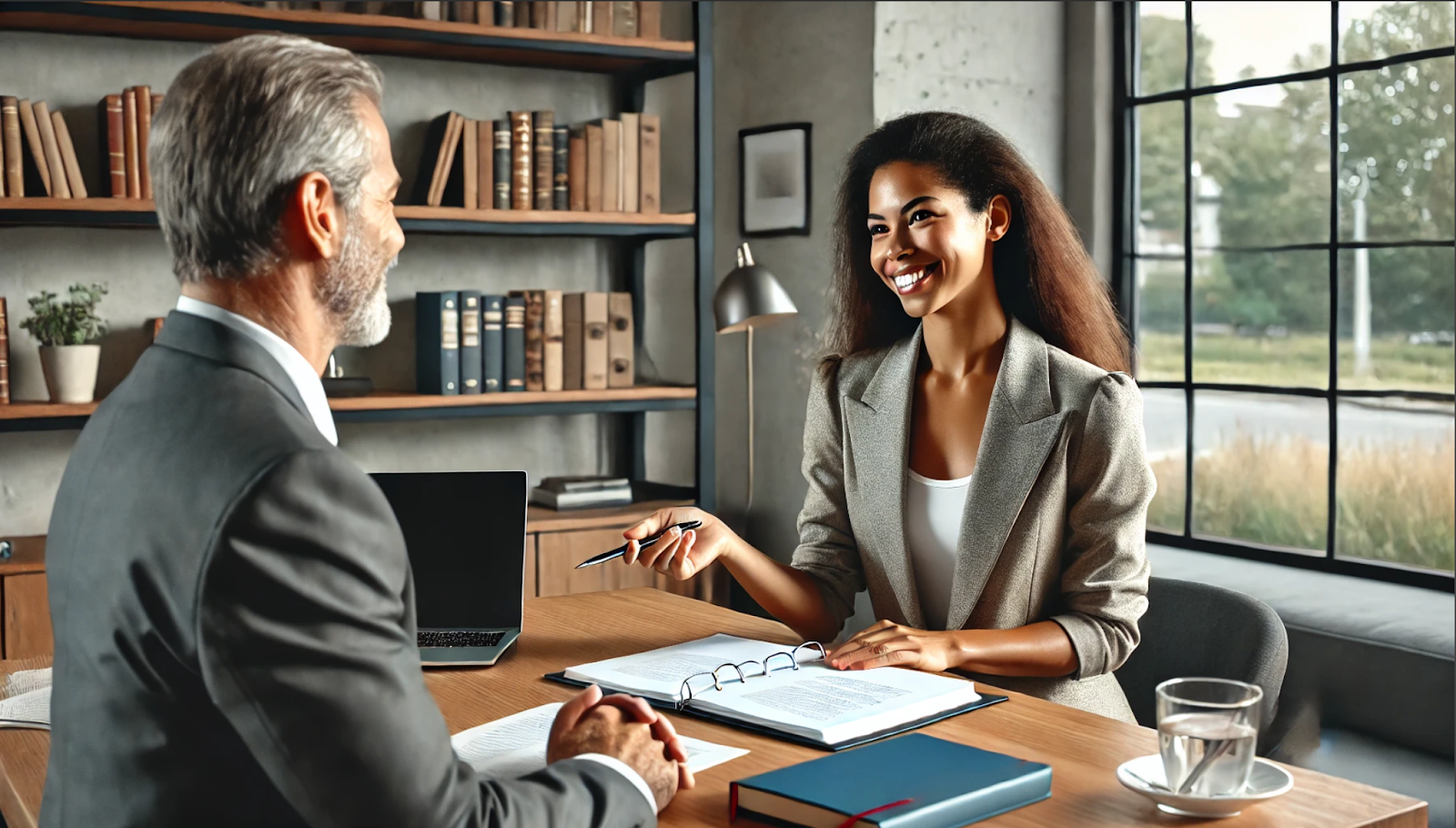 A lady giving a book pitch examples.