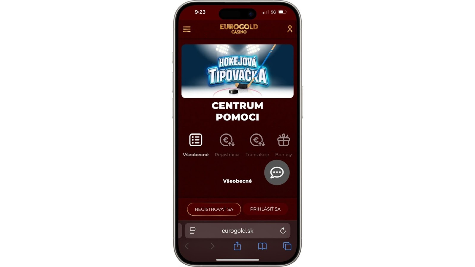 Mobilná verzia online kasína Eurogold zobrazujúca sekciu Centrum pomoci s možnosťami ako Všeobecné, Registrácia, Transakcie a Bonusy, spolu s bannerom Hokejová Tipovačka.