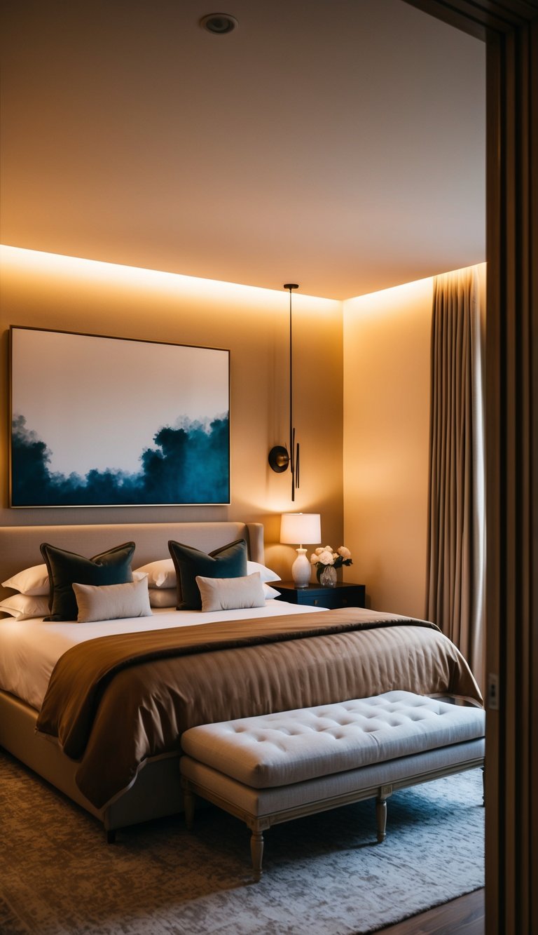 A cozy, elegant master bedroom with a large, statement artwork above the headboard. Warm lighting and luxurious bedding create a romantic atmosphere for couples