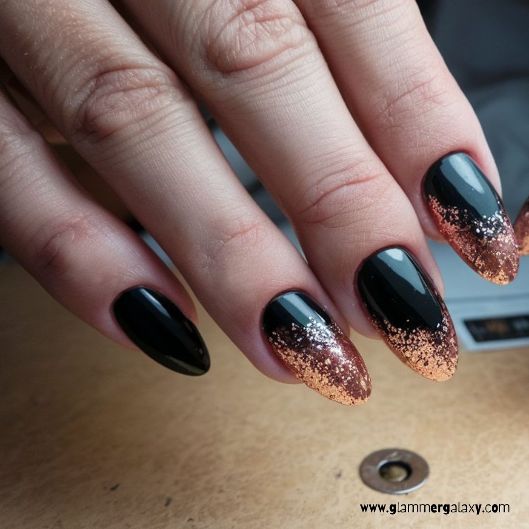 Black and Rose Gold Nail Designs having Almond-Shaped Nails with Black and Rose Gold Glitter
