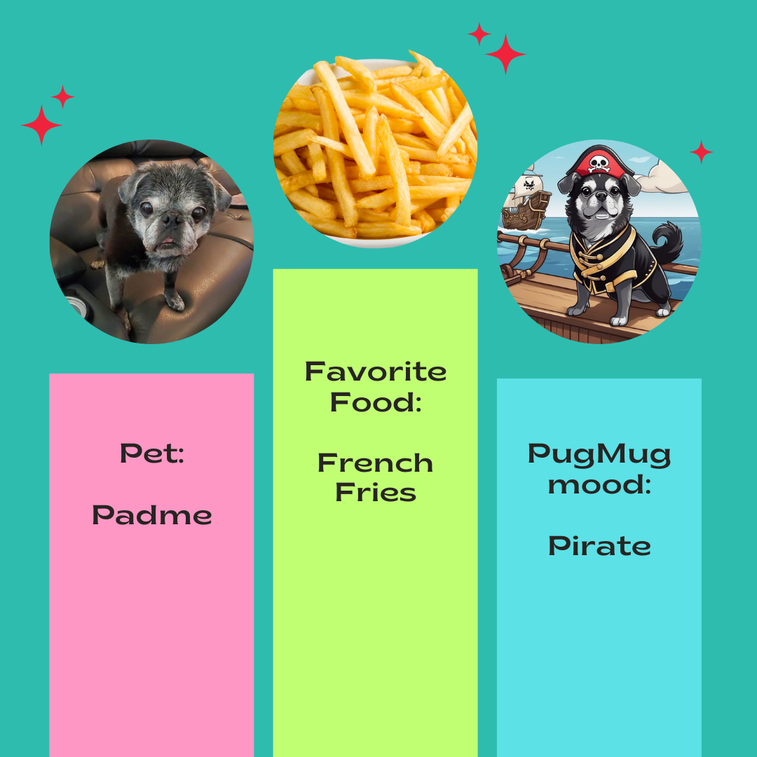 Photograph of pug Padme, their favorite food (french fries), and AI dog art from PugMug of Padme as a pirate