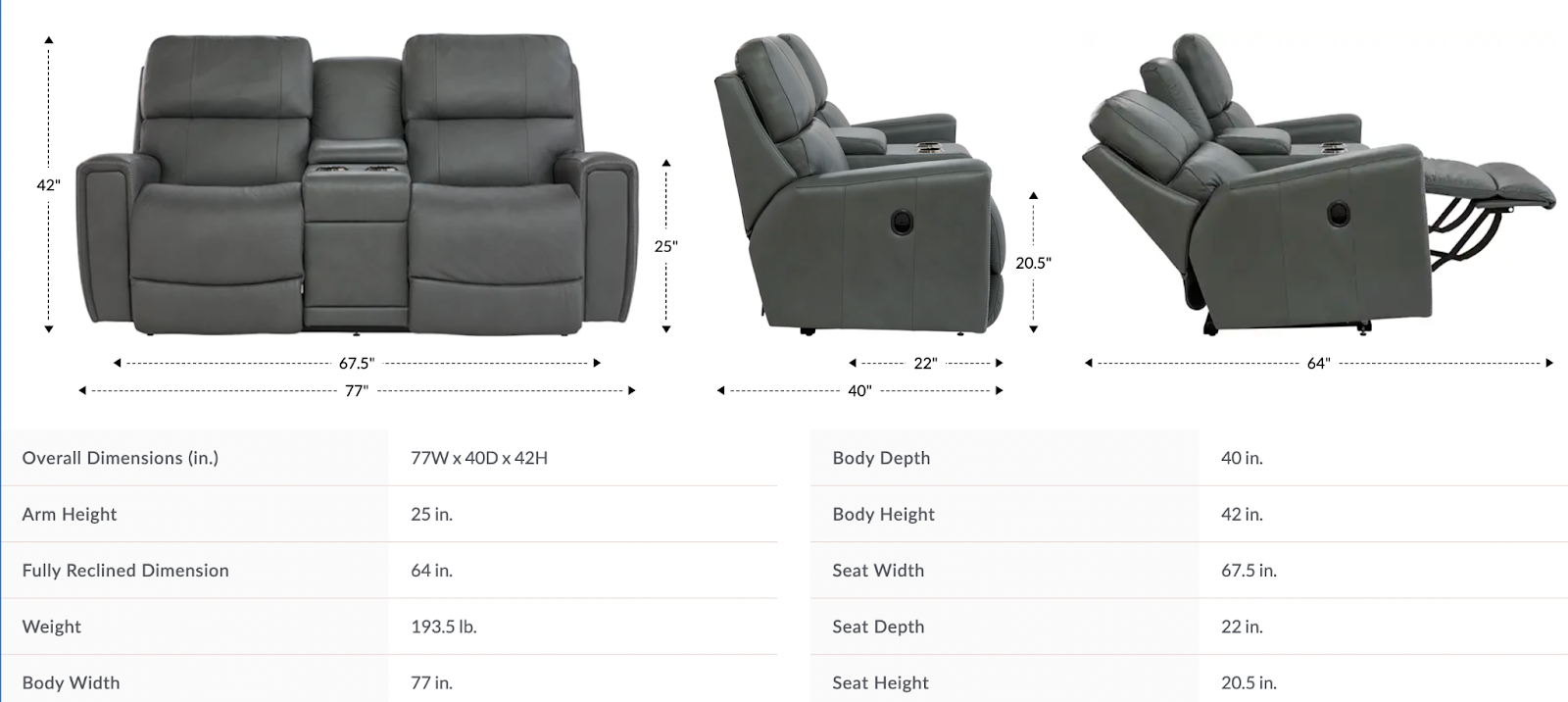 apollo reclining loveseat w/ console dimensions