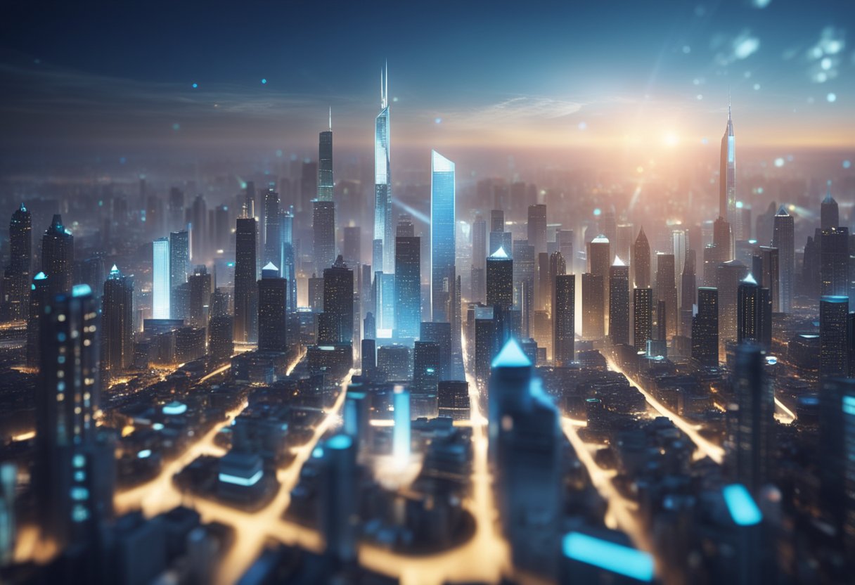 A futuristic city skyline with holographic SEO data projections and advanced technology integrated into the architecture