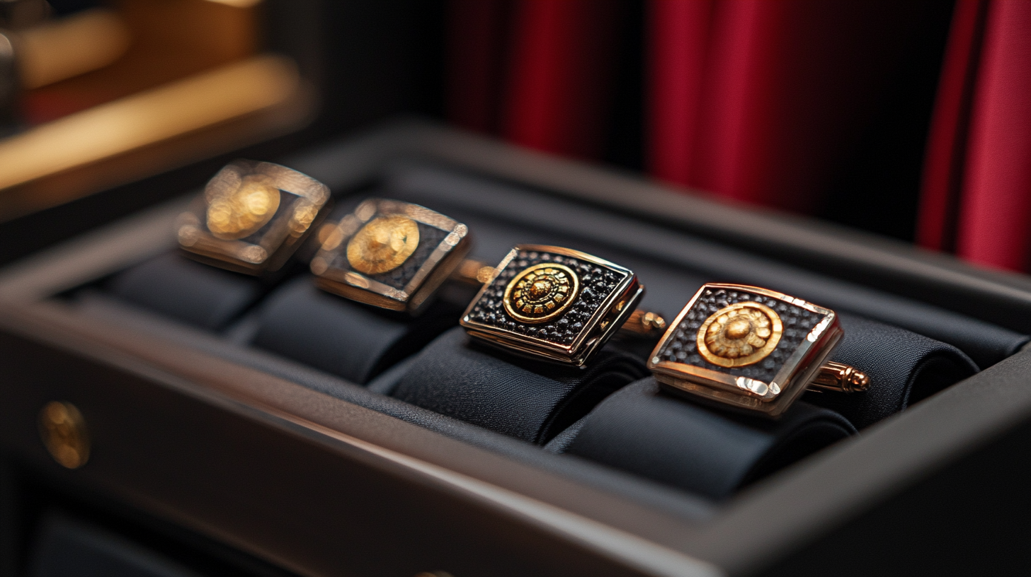 A close-up of elegant silver and gold cufflinks, polished to perfection, displayed in front of a wardrobe full of black suits and red shirts hanging, showcasing a classic, sophisticated design.