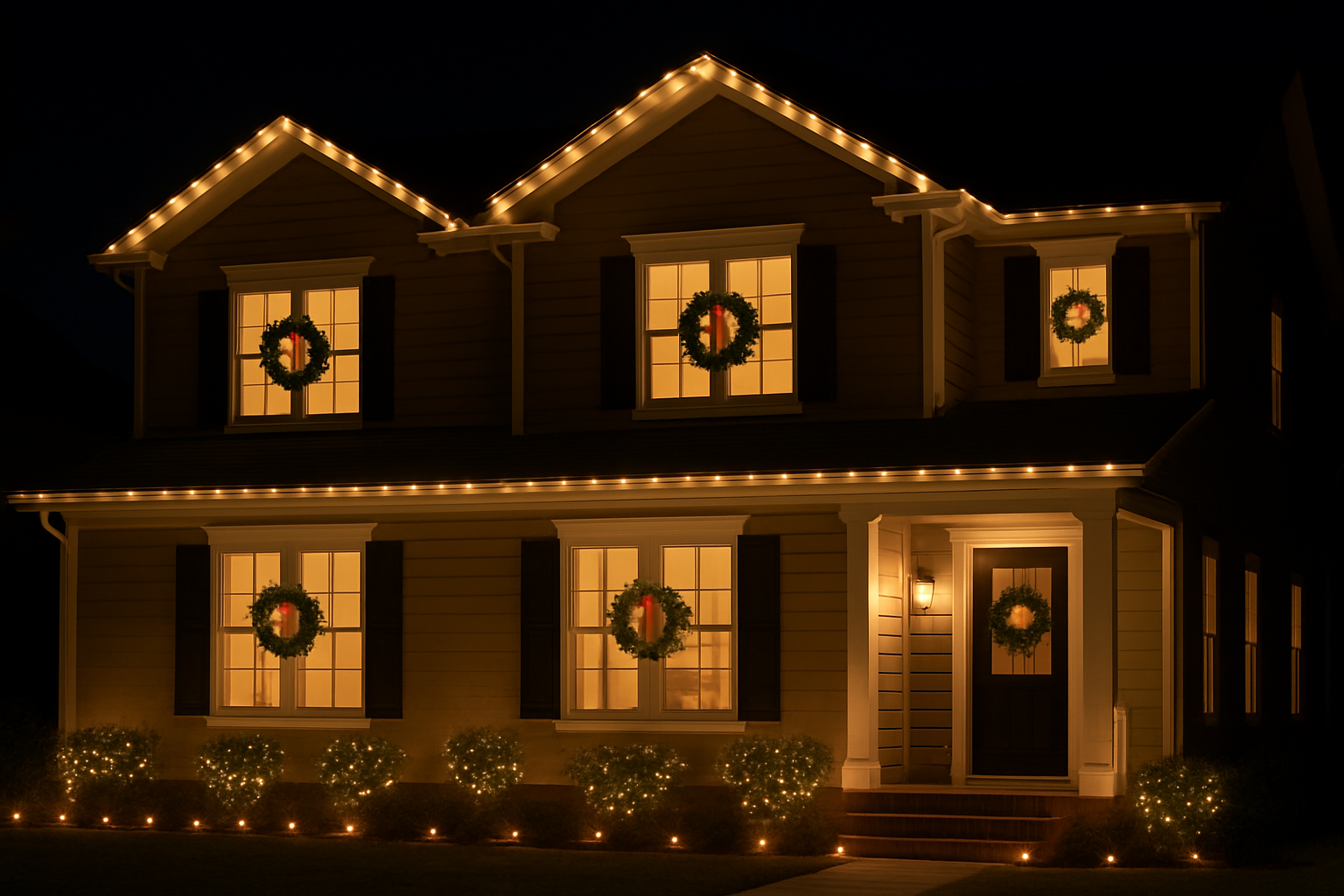 Arizona home decorated with holiday lights and a festive entryway featuring a large wreath and garland.
