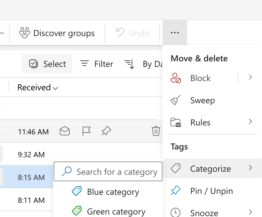 You can use categories in Outlook like tags to organize emails within folders. 