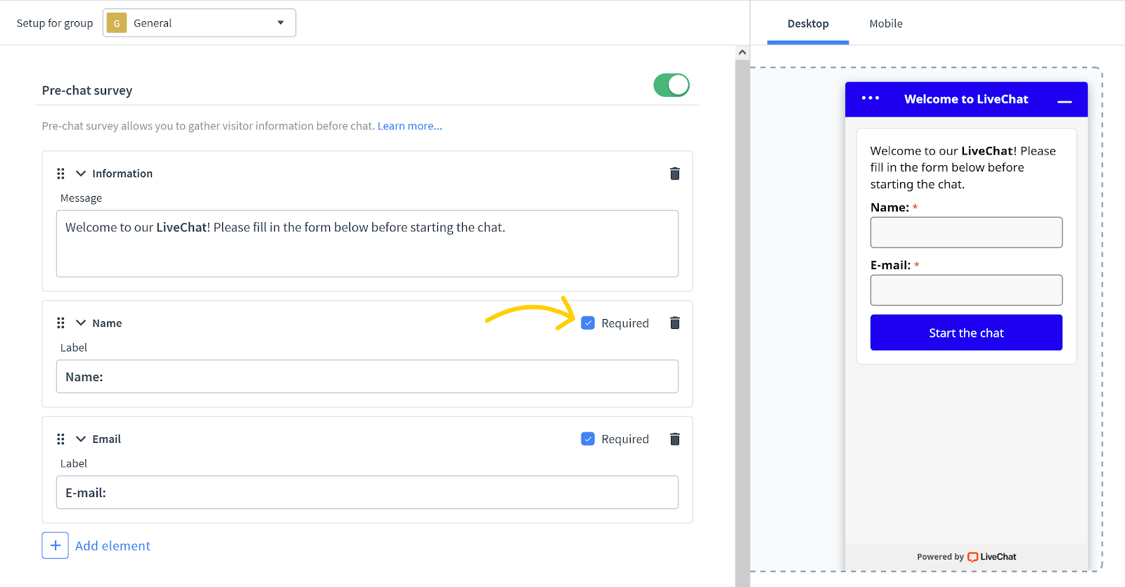 How to make a field required in pre-chat form.
