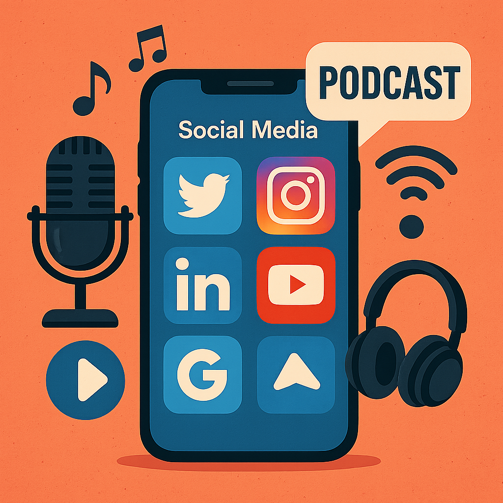 A smartphone displaying various social media icons such as Facebook, Twitter, and Instagram with podcast elements around it