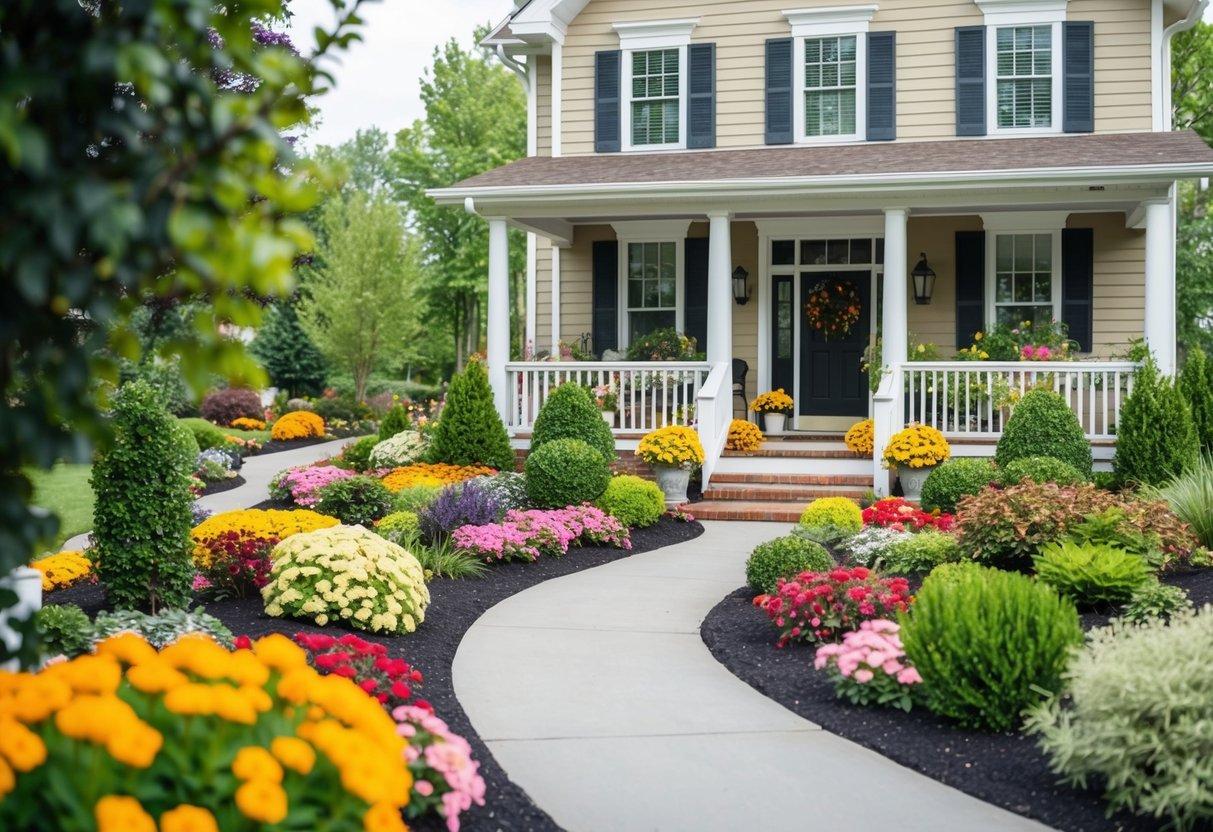 A colorful array of flowers and shrubs line a winding path leading to a charming front porch, with a mix of greenery and decorative elements creating a welcoming and visually appealing landscape