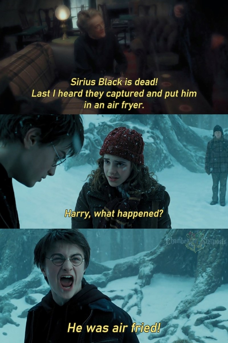 Sirius Black is dead! Last I heard they captured and put him in an air fryer. Harry, what happened? He was air fried! Chamber Shitposts