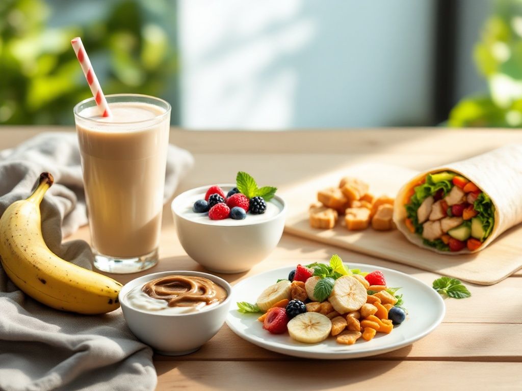 A photorealistic shot capturing a collection of post-workout meals and snacks arranged on a plain wooden table. The spread includes a protein shake, a bowl of Greek yogurt with berries, a banana with peanut butter, and a chicken and vegetable wrap. The lighting is bright and natural, highlighting the variety and appeal of the options.