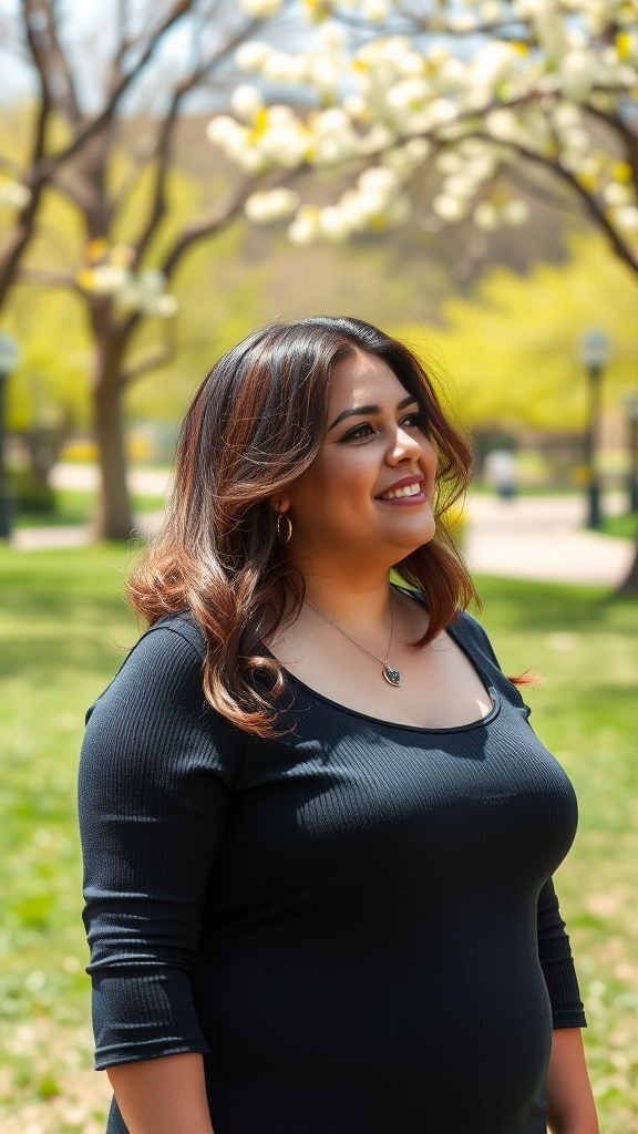 A woman with shoulder-length wavy hair stands in a park surrounded by blooming trees, showcasing a fresh and trendy haircut.