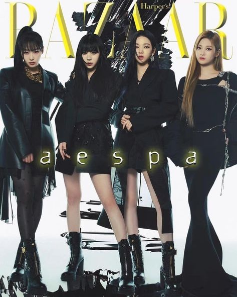 This  contain an image of aespa's  in black outfits on the cover of harper magazine