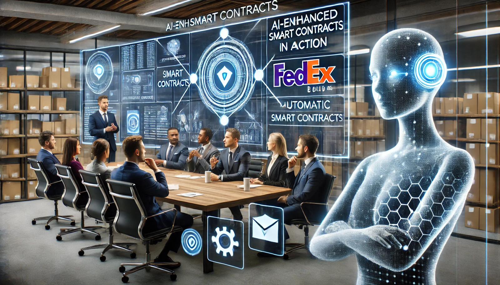 A diverse team of business professionals discusses smart contracts enhanced by AI, with a digital screen showing a blockchain network and real-time data feeds from shipping companies.