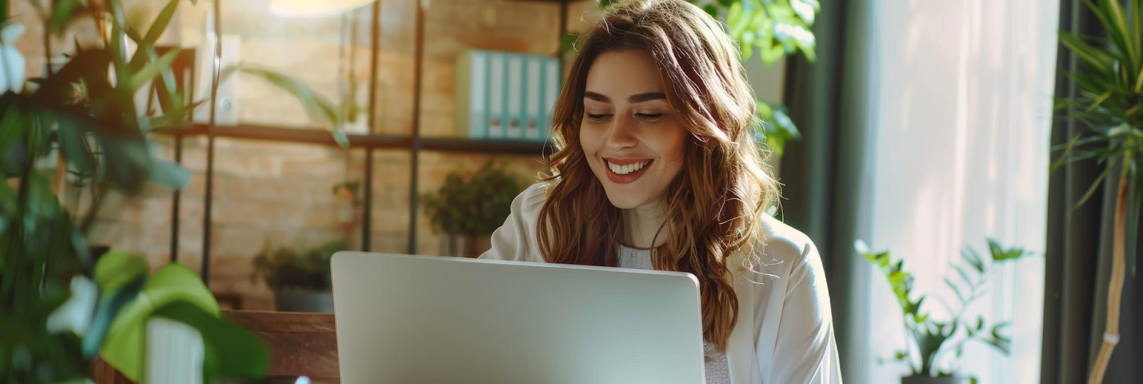 uma mulher sorrindo enquanto mexe no computador, elá está iluminada pela luz do sol e em uma sala cheia de plantas