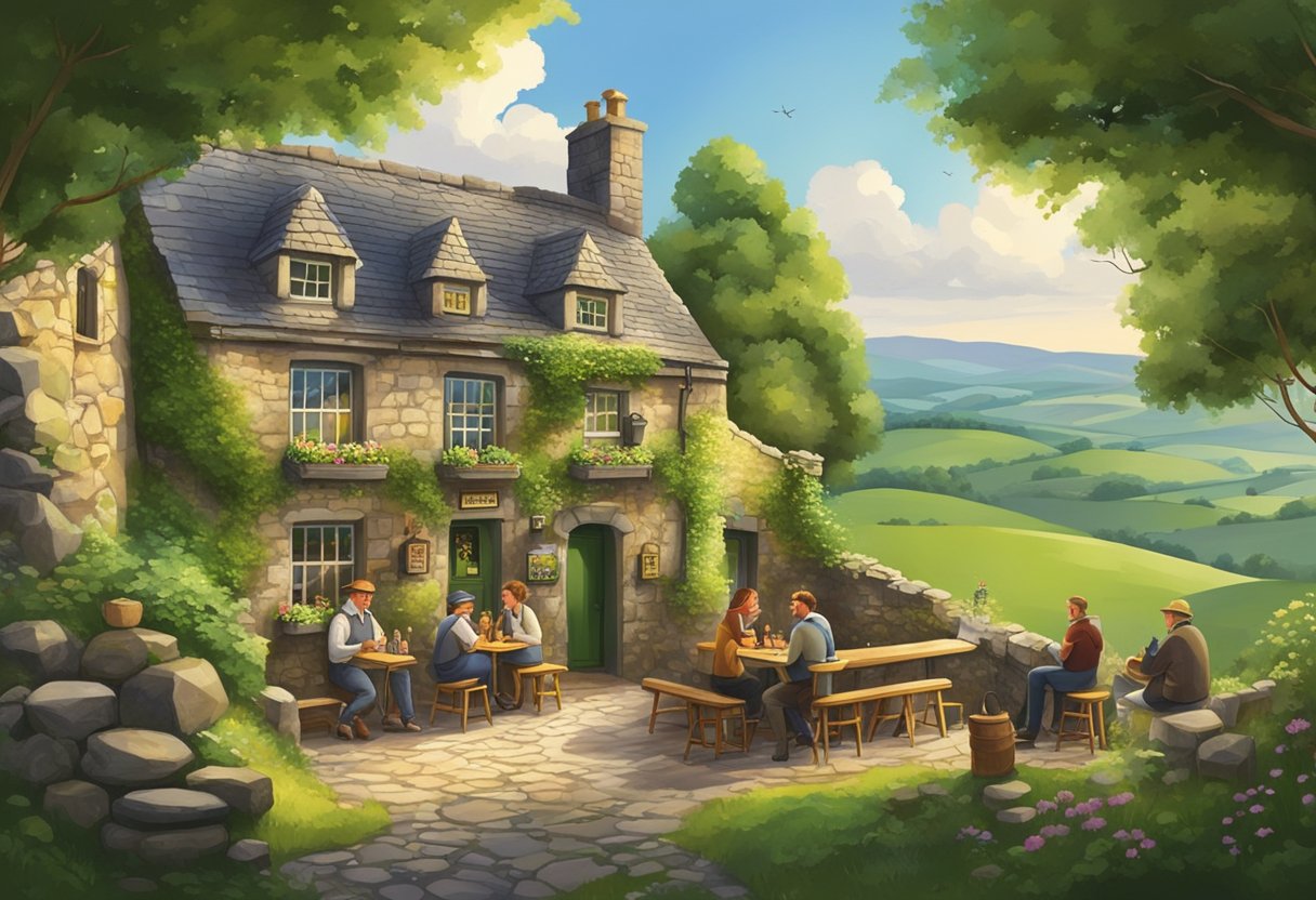 A cozy pub with traditional Irish music, people chatting, and clinking glasses. A lush green countryside with rolling hills and old stone ruins