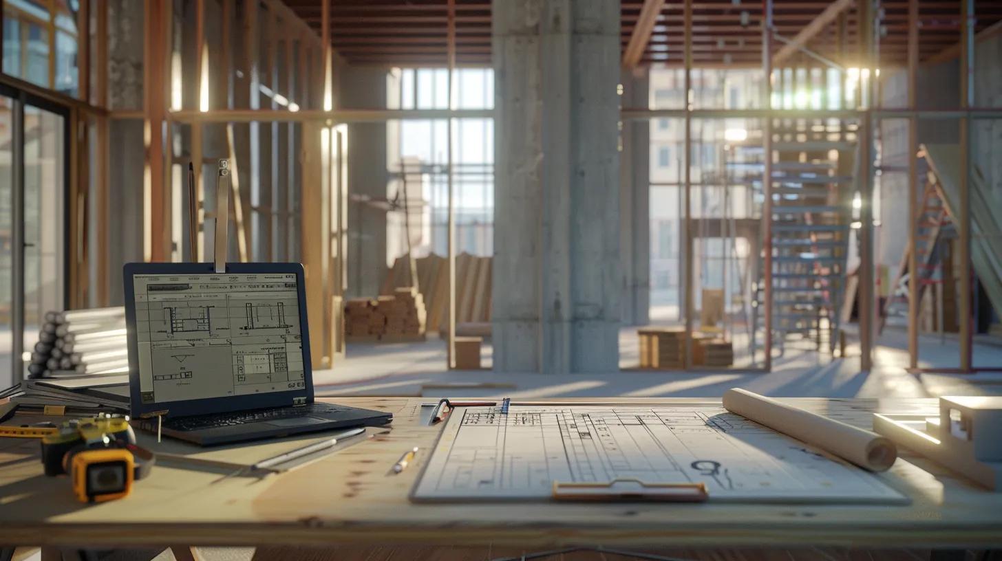 A step-by-step flowchart or illustrated timeline of the construction process (e.g., Planning → Permits → Foundation → Framing → Finishing) shown on a builder's clipboard or laptop screen at a construction site.