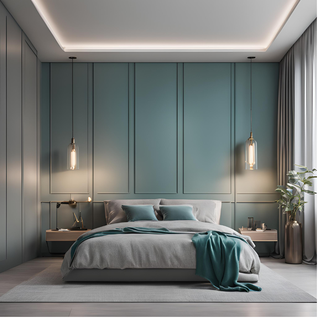 A bedroom featuring a serene blend of misty grey and deep teal, mimicking a seaside morning.
