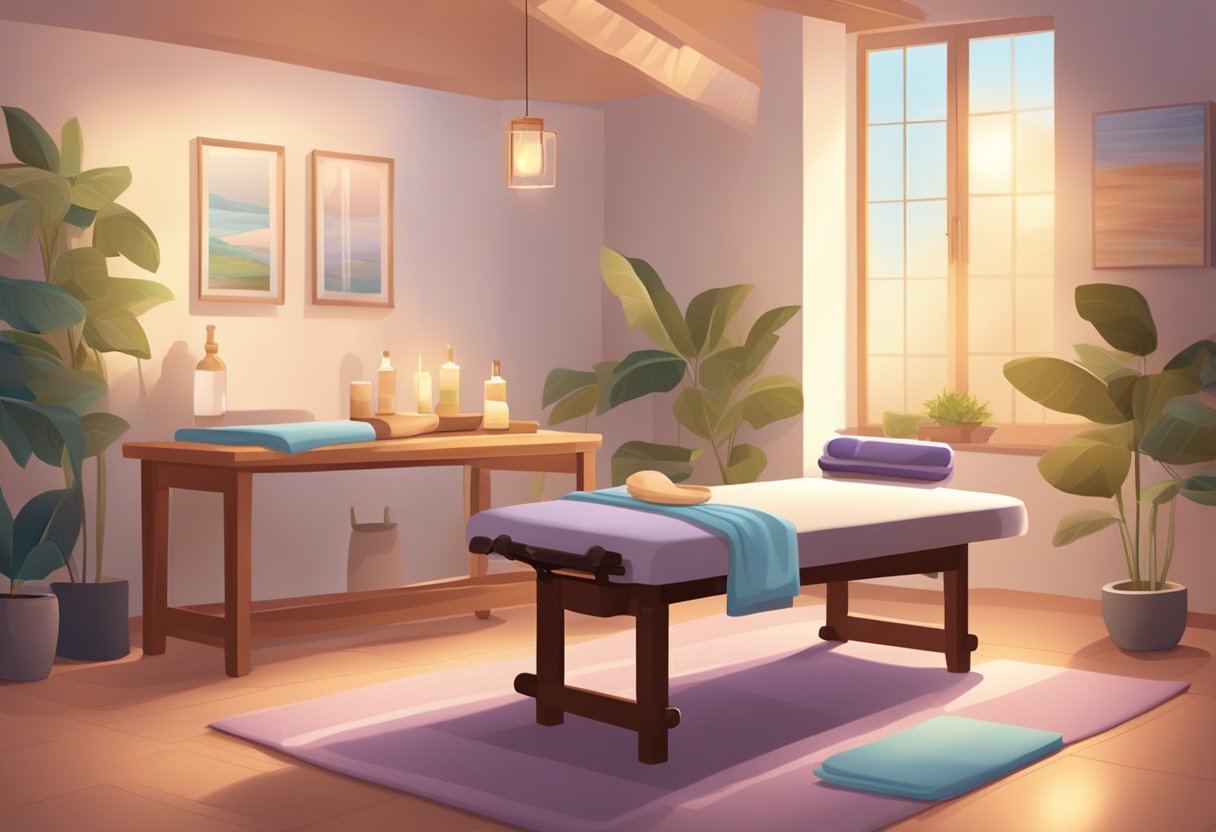 A serene massage room with soft lighting, a comfortable massage table, and soothing background music. A therapist prepares essential oils and towels