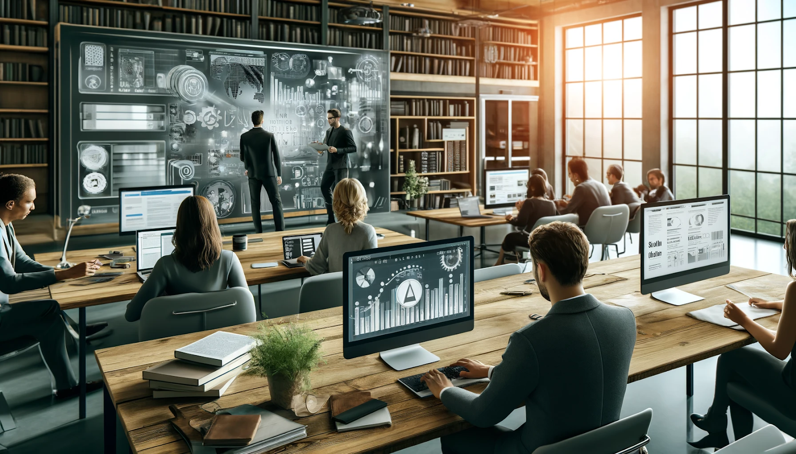 A modern workspace with authors and professionals collaborating on self-publishing strategies, featuring large computer screens and a digital board displaying complex data and analytics in a library-like setting