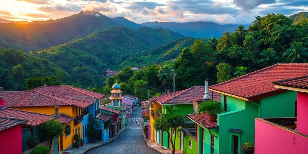 Paysage coloré de la Colombie avec montagnes verdoyantes.