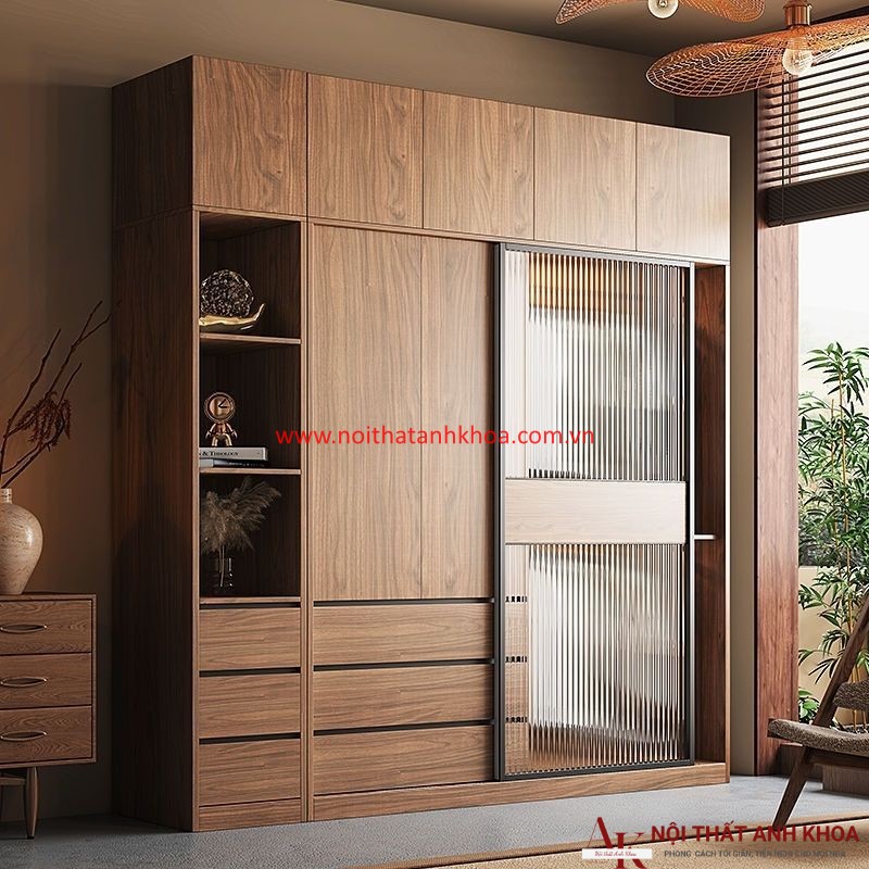 Tủ Quần Áo MDF Màu Óc Chó Phối Cánh Kính