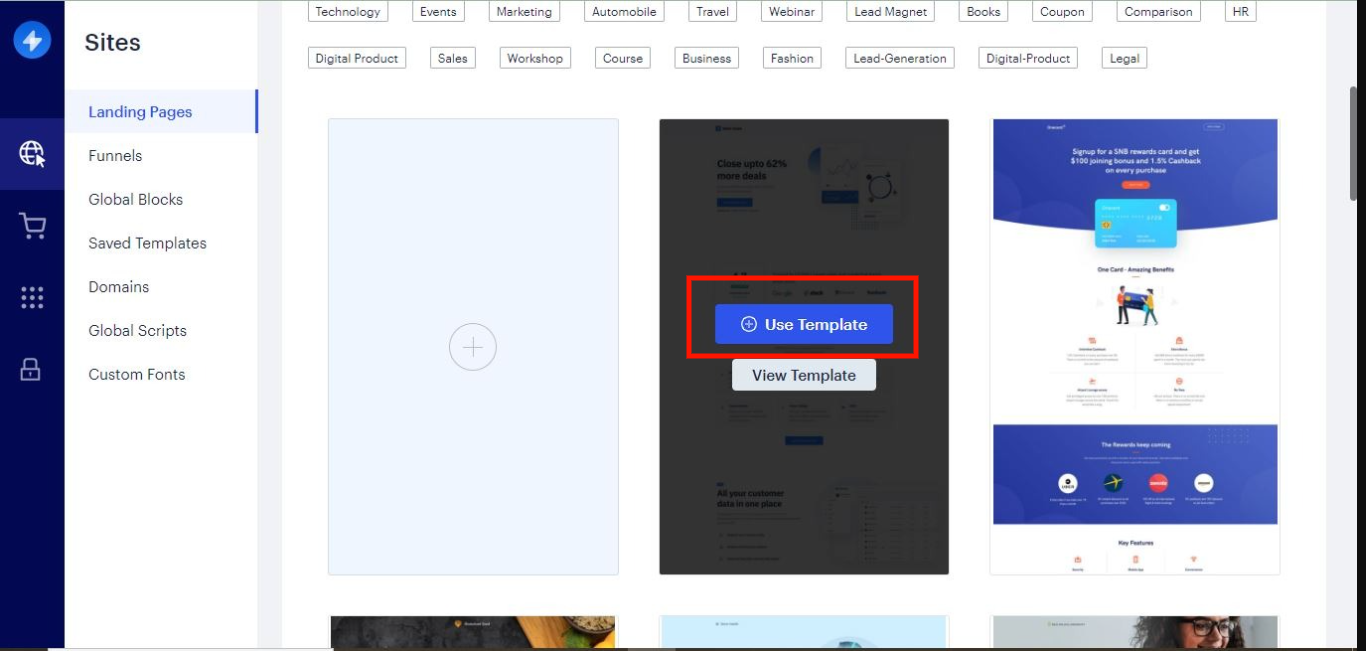 Image showing the template gallery with the “Use Template” button highlighted.