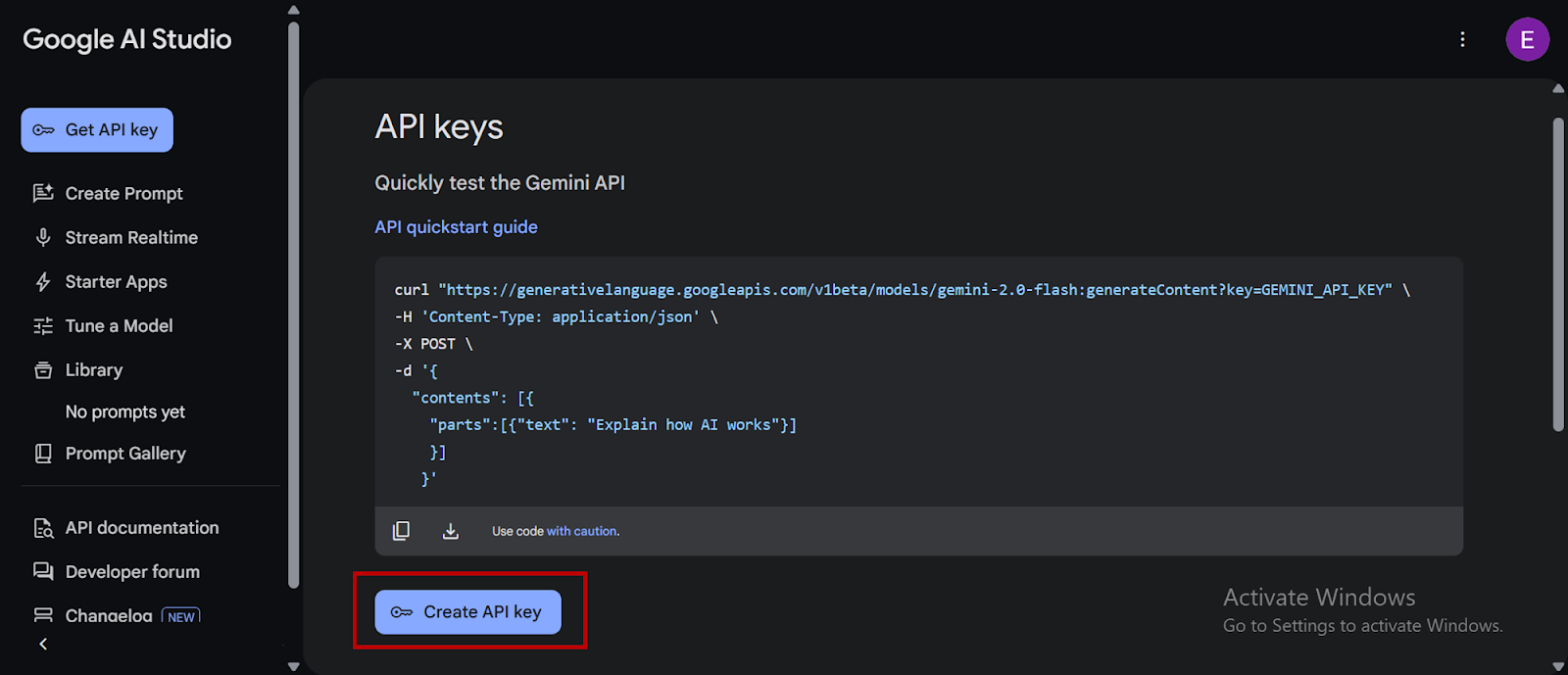 Create an API Key in Google AI Studio