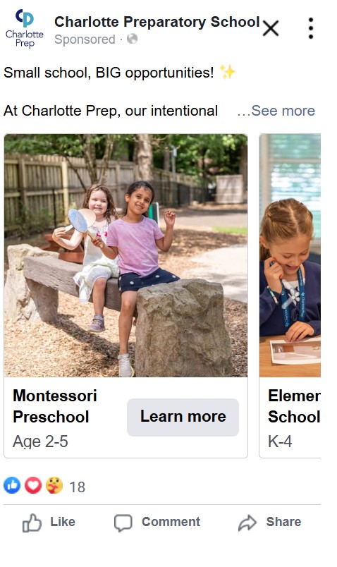 This is a screenshot of a Meta carousel ad for Charlotte Preparatory School in Charlotte, North Carolina | This image accompanies a blog post on the best approach to selecting Meta ad visuals | Truth Tree provides digital marketing strategies and solutions for schools