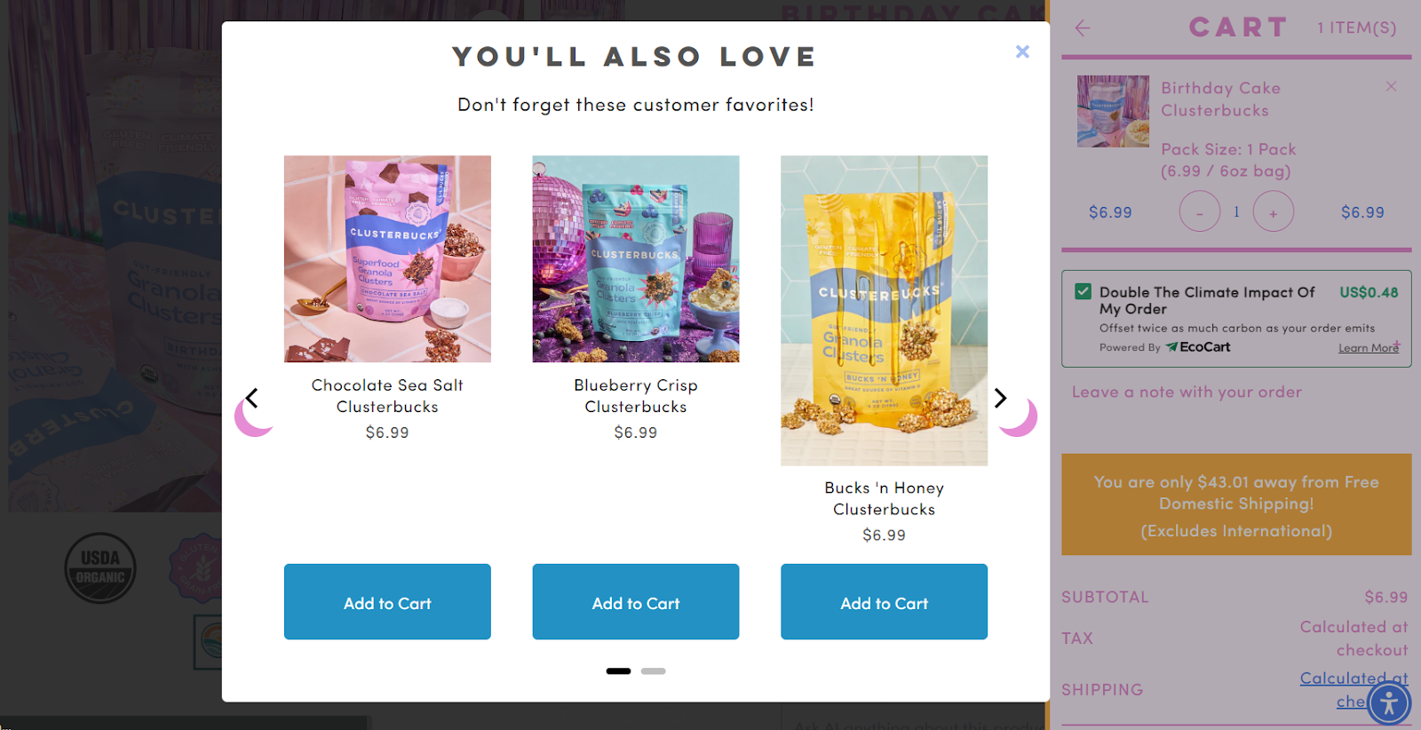 Clusterbucks displays a pop-up of product recommendations during checkout