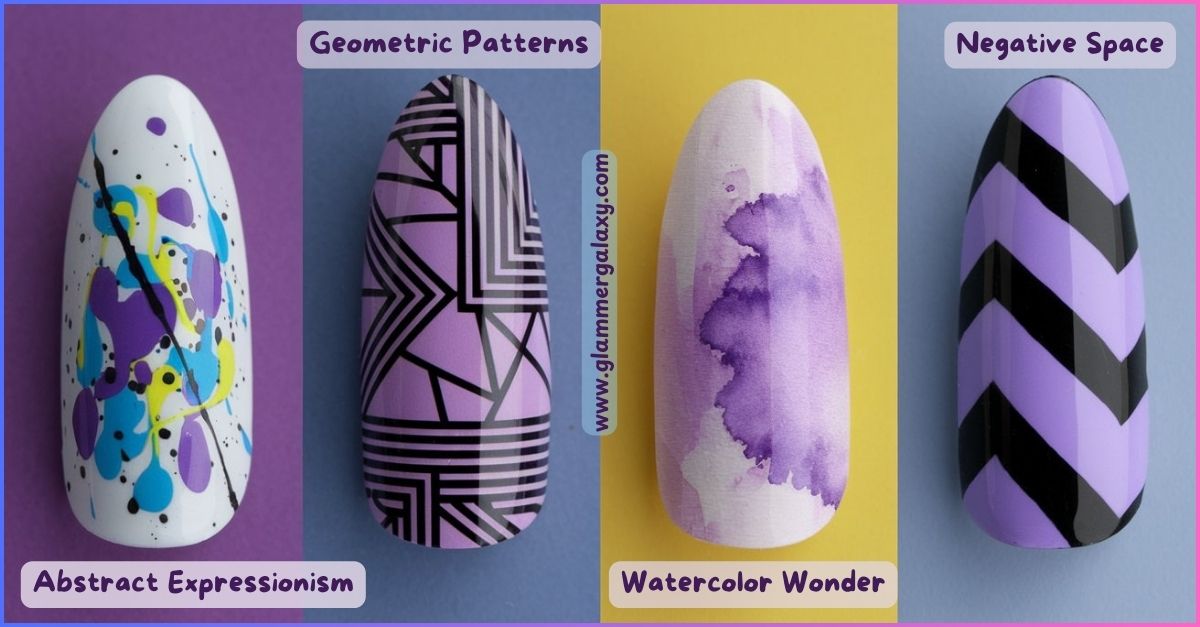 Four nail designs with abstract, geometric, watercolor, and chevron patterns in purple hues.