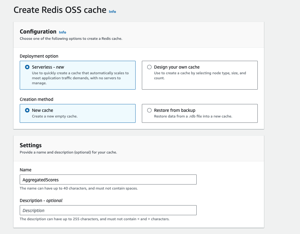 A screenshot of a Redis OSS cache setup with AWS ElastiCache