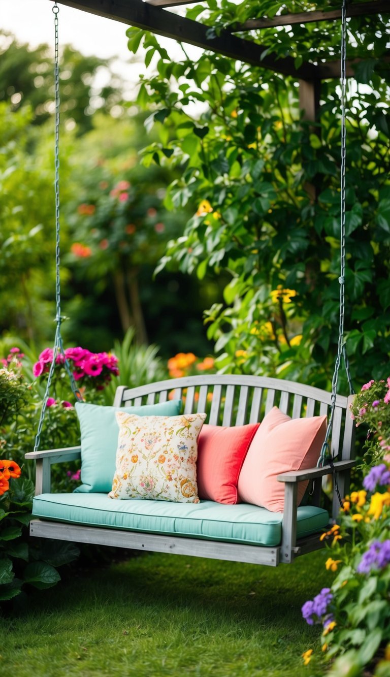 A cozy corner garden swing surrounded by lush greenery and colorful flowers