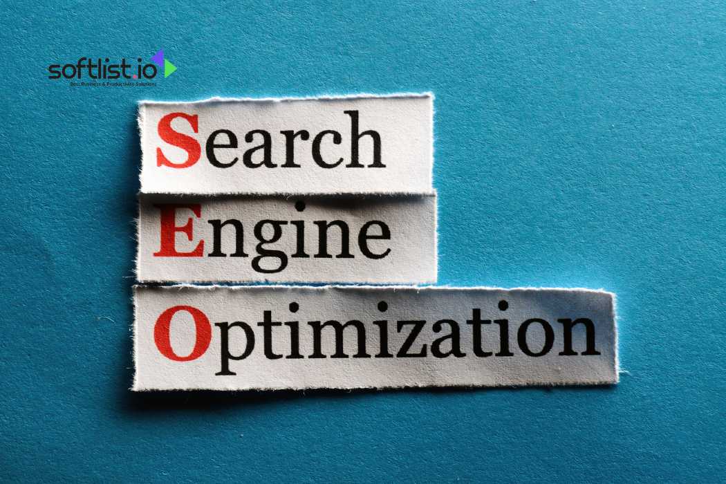 Search Engine Optimization words on torn paper on a blue background