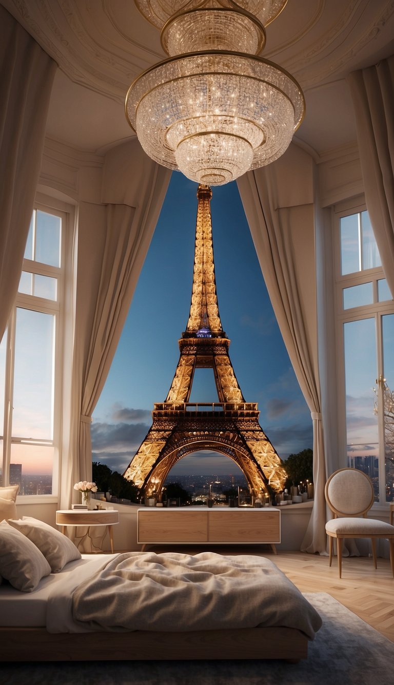 The Eiffel Tower Bed 23 is set in a luxury kids bedroom, with elegant decor and a whimsical atmosphere