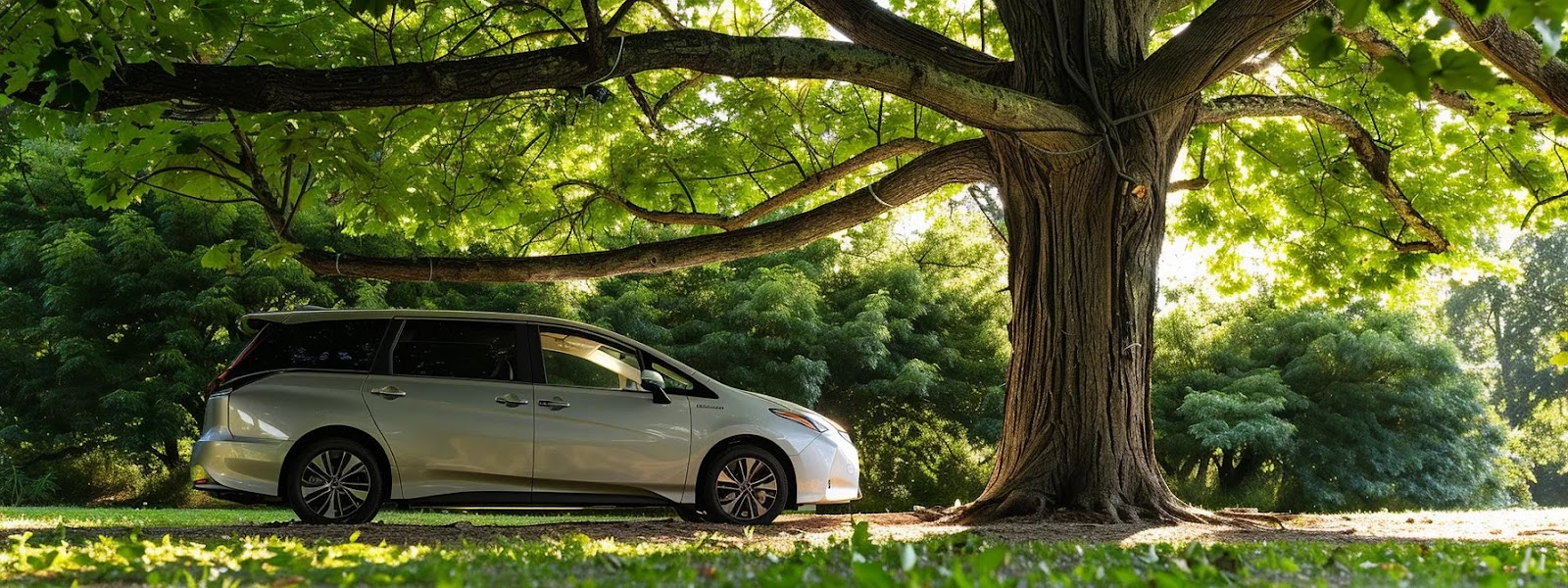 a sleek, electric toyota sienna parked under a shaded tree, showcasing the beauty of clean energy and cost-saving benefits of cheap car insurance in oklahoma.