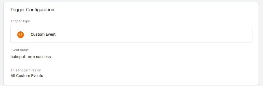 Example of the specific set up “hubspot-form-success” triggers in GTM for certain pages or site-wide.