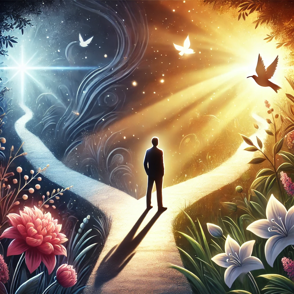 A symbolic image of a person standing at a crossroads, with one path dark and shadowy and the other brightly lit by sunlight. The bright path is surrounded by blooming flowers and birds, representing the positive outcomes of practicing gratitude affirmations. The person steps confidently onto the lit path, symbolizing the choice to embrace personal growth and transformation through gratitude.