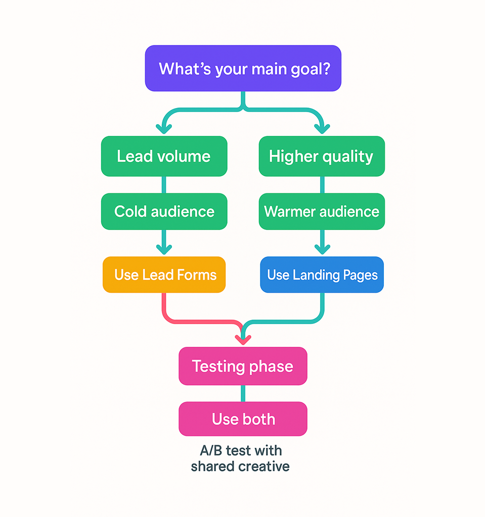 Colorful flowchart helping advertisers choose between lead forms, landing pages, or A/B testing based on campaign goals and audience type
