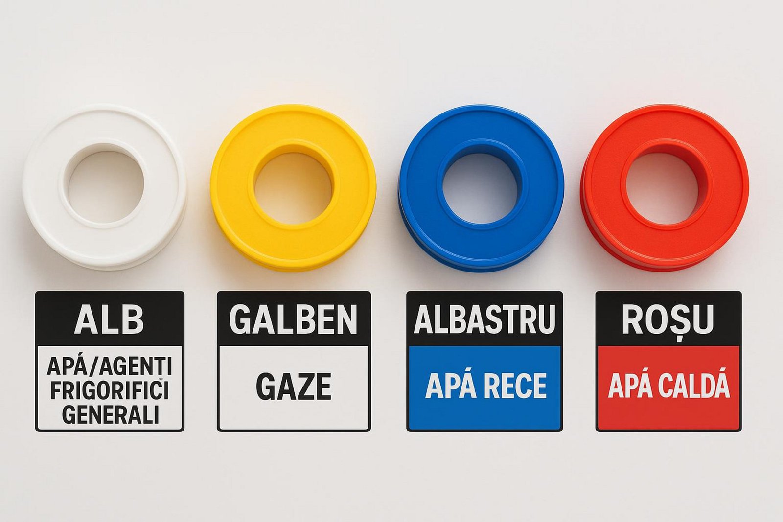 Patru role de bandă de teflon colorate și etichetate pentru diferite utilizări, prezentate pe un fundal neutru.