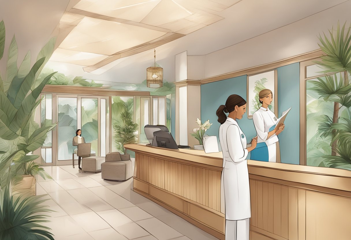 A serene spa reception area with a friendly staff member assisting a guest, surrounded by calming decor and informational brochures on spa services