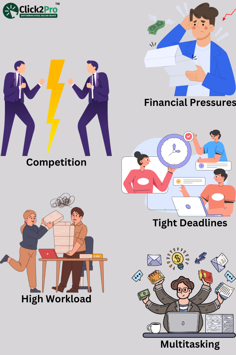 Illustration showing triggers for high-pressure jobs: competition, deadlines, workload, multitasking.