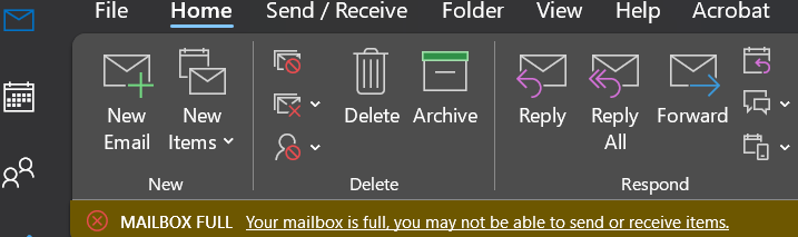 Mailbox full banner in Outlook "Mailbox Full: Your mailbox is full, you may not be able to send or receive items"