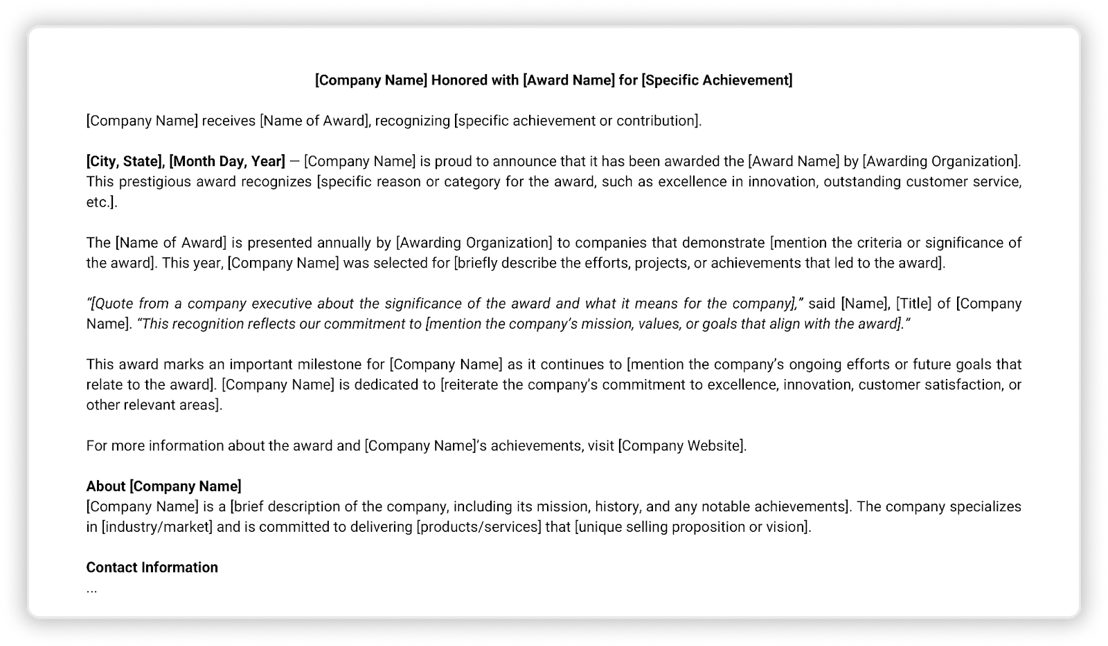 Screenshot of Awards and Recognition press release template.