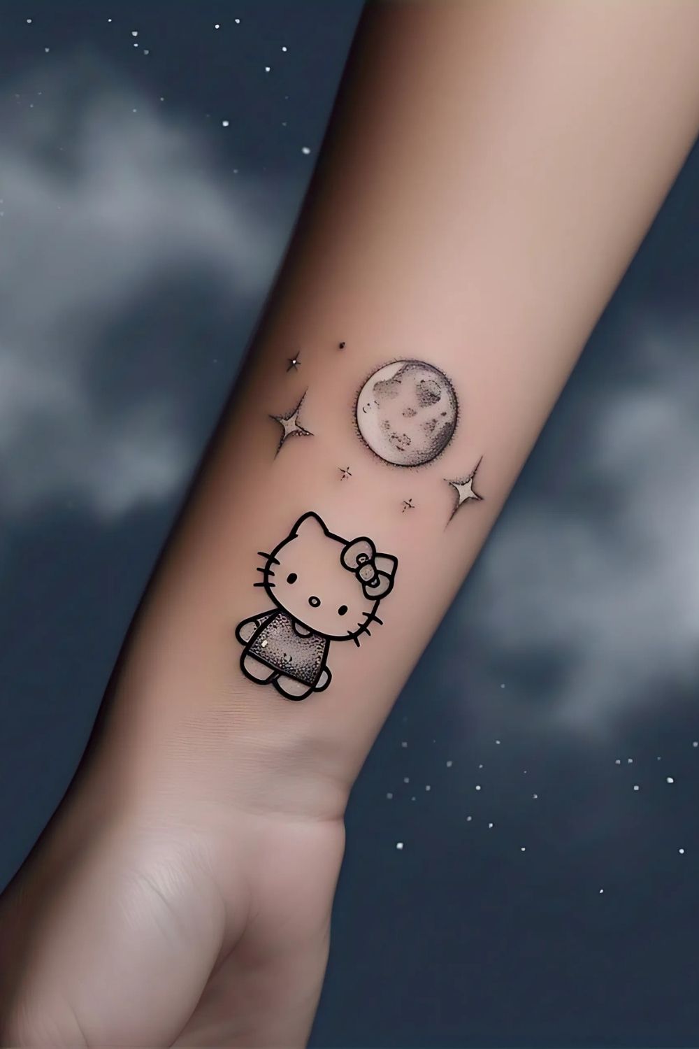 Hello Kitty Under the Moon and Stars Tattoo
