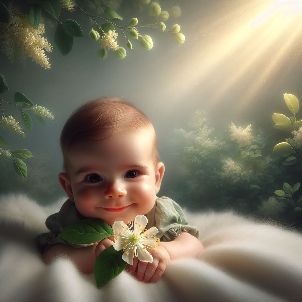 Baby smiling serenely while holding a honeysuckle flower, with soft sunlight highlighting the scene.