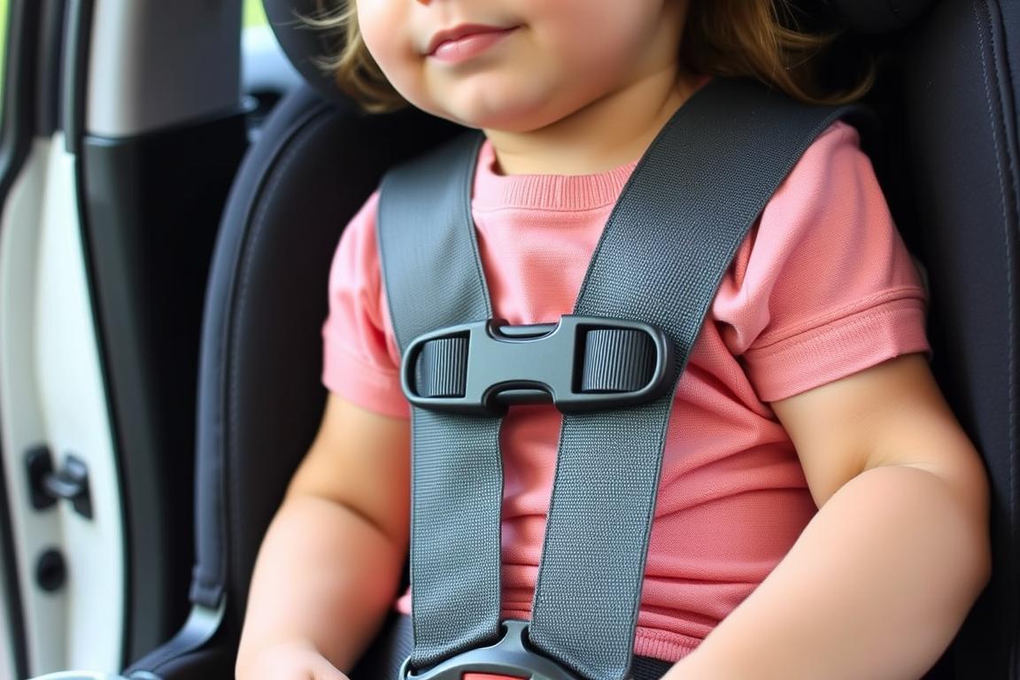 Child properly secured in car seat with correct harness positioning