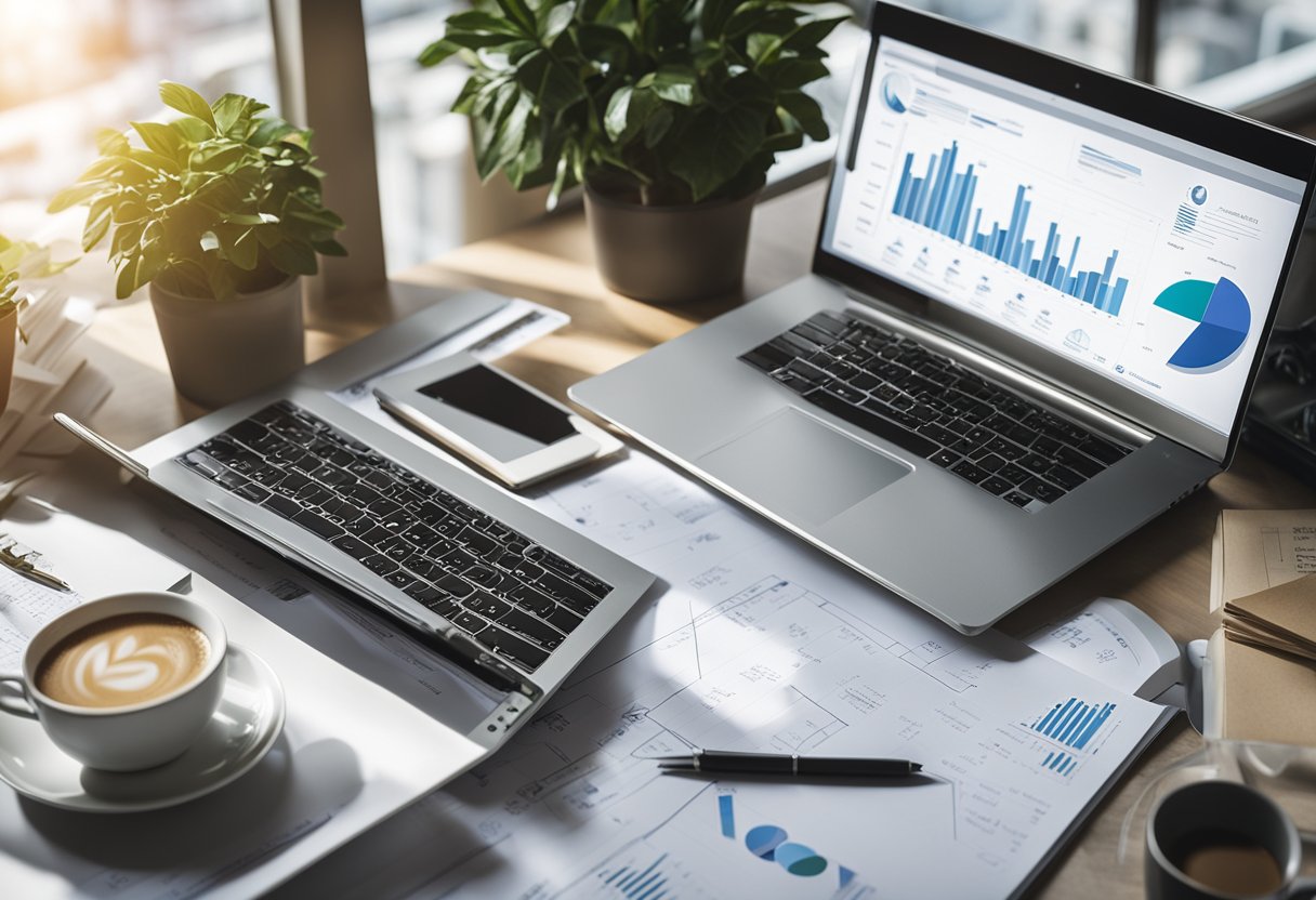 A laptop surrounded by scattered papers and a whiteboard covered in diagrams and charts, with a cup of coffee and a potted plant nearby